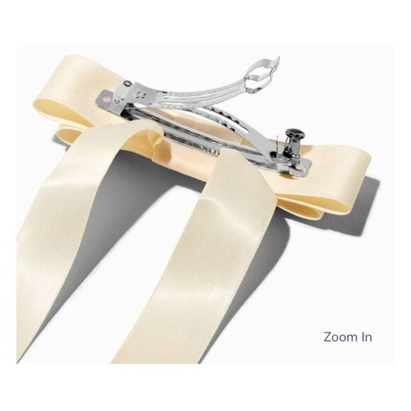 Icing 2 Piece Hair Ivory Rhinestone Studded Satin Long Tail Hair Bow Clip - Picture 3 of 4